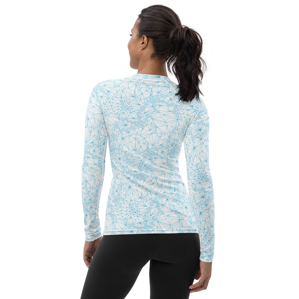Back of a woman wearing the Tri-Mesh Geometric Women's UV 50+ Long Sleeve Shirt in White and Blue.