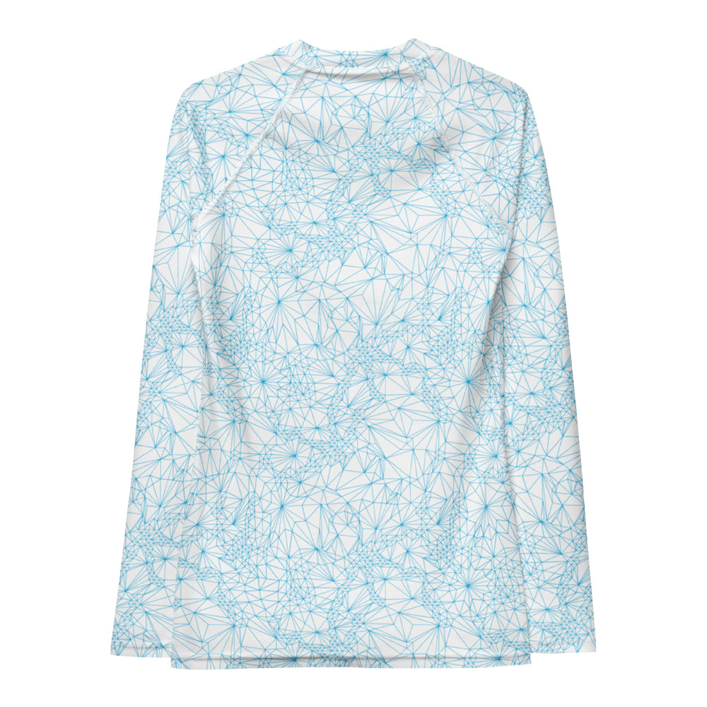 Back view of Tri-Mesh Geometric Women's UV 50+ Long Sleeve Shirt in White and Blue.