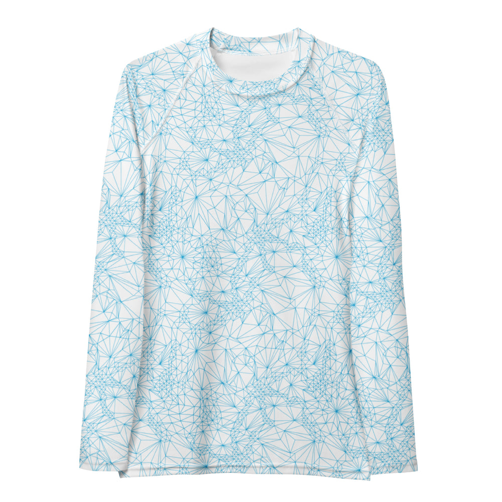 Front view of Tri-Mesh Geometric Women's UV 50+ Long Sleeve Shirt in White and Blue 2.