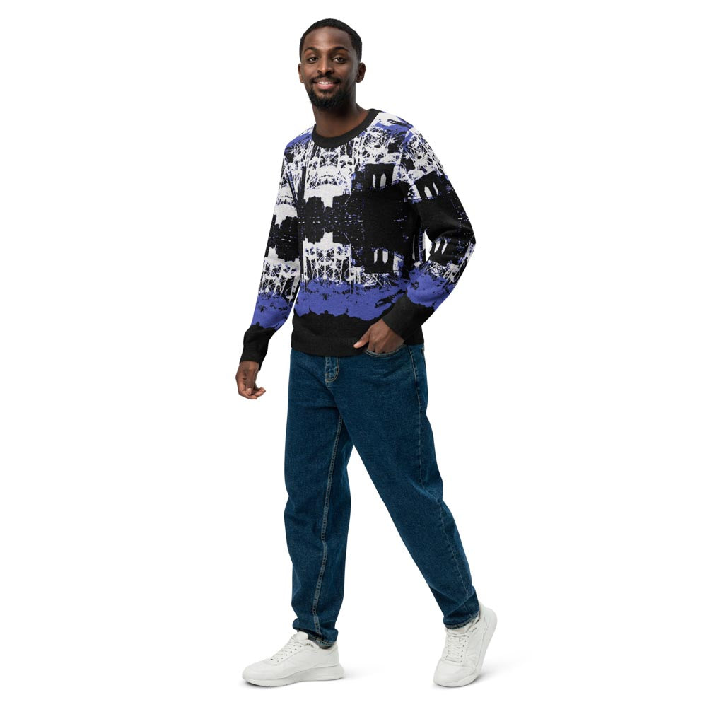 Man wearing unisex Knit crew neck sweater featuring the NYC skyline in black, white, and blue