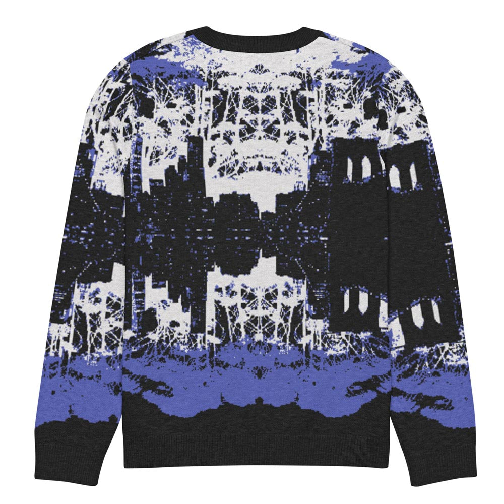 Knit crew neck sweater featuring the NYC skyline in black, white, and blue
