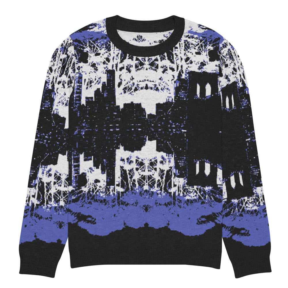 Knit crew neck sweater featuring the NYC skyline in black, white, and blue