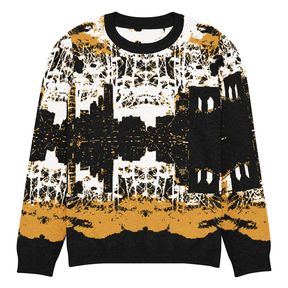 Cozy knit crew neck sweater featuring the NYC skyline from Brooklyn.