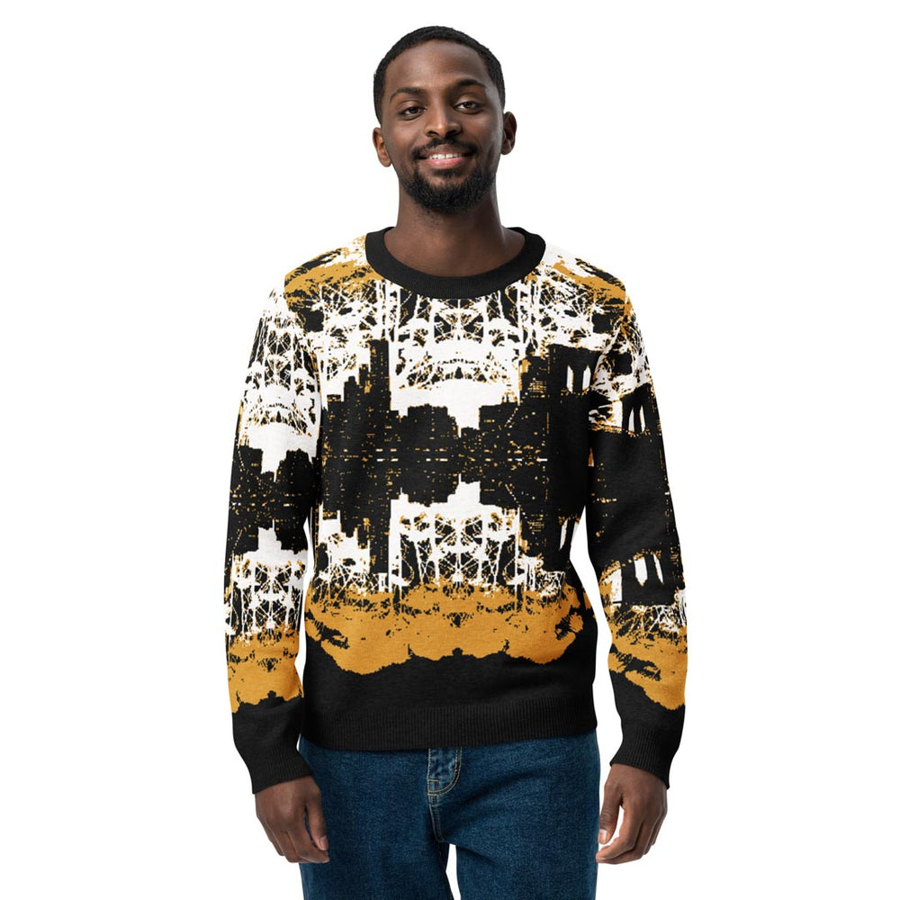 Man wearing a black, yellow, and white patterned sweater on a white background