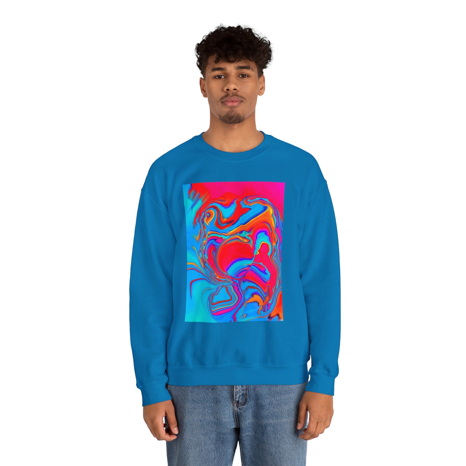 A man wearing the colorful sapphire blue Improvisational Abstract Crewneck Sweatshirt by Bryan Dodson