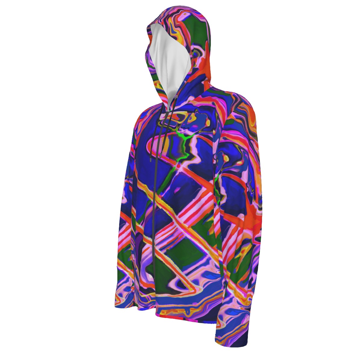 Side view of a colorful psychedelic abstract patterned sun protection hoodie with thumb holes on a white background