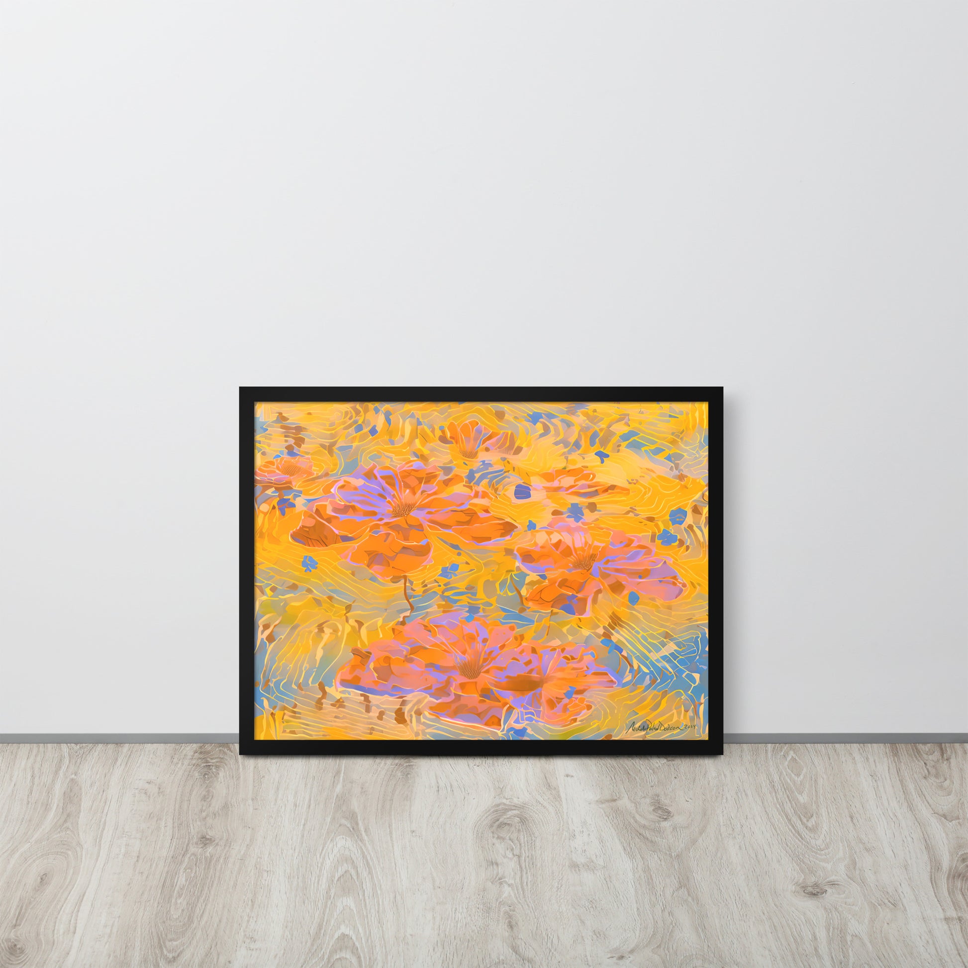 Watery Flowers by Michelle Penland Dodson, Framed Art Print on Paper 18x24 leaning against a wall