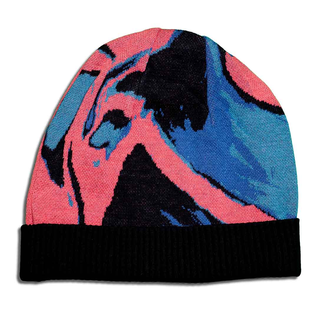 Knitted beanie winter hat with 4 different colored yarns and black inner lining.