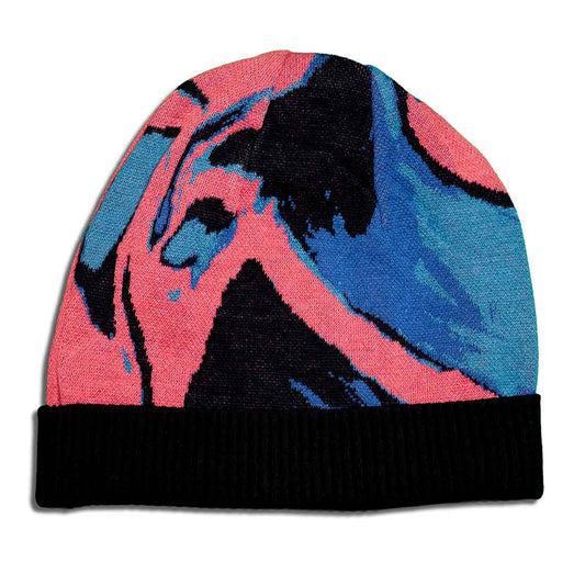 Knitted beanie winter hat with 4 different colored yarns and black inner lining.