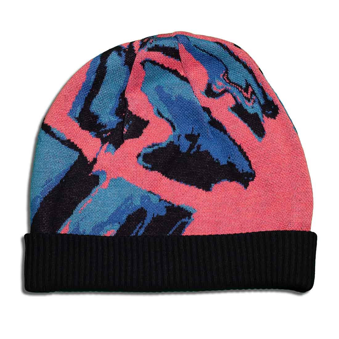 Back of colorful knitted beanie winter hat with 4 different colored yarns and black inner lining.