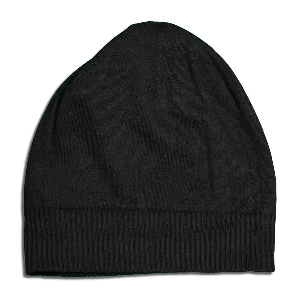 Inside of the Knitted beanie colorful abstract winter hat with 4 different colored yarns and black inner lining.