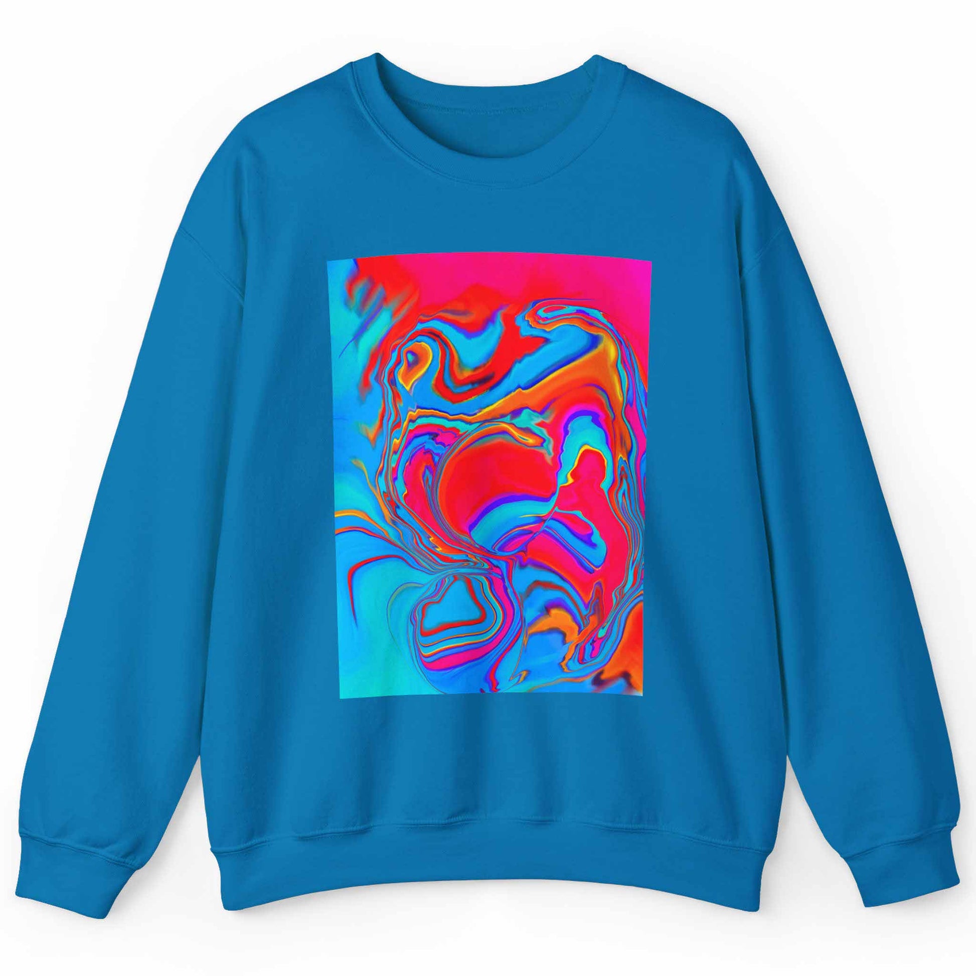 Sapphire Blue sweatshirt with a colorful abstract design by Bryan Dodson on a white background