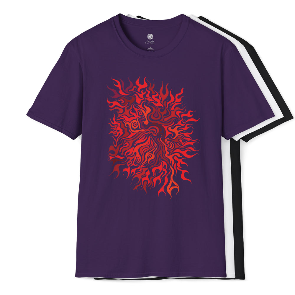 Purple t-shirt with red flame design called Clarity on a white background. The other colors of white and black are behind the purple version.