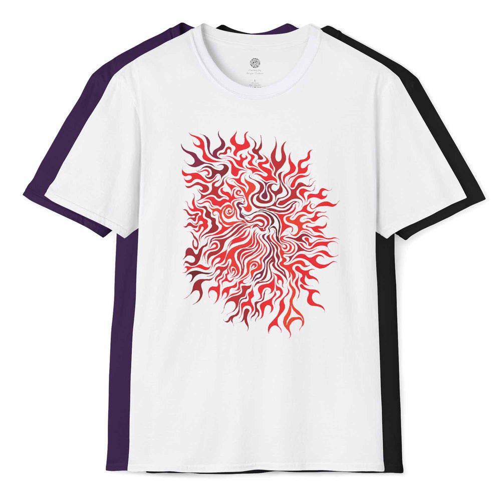 White t-shirt with red flame design called Clarity on a white background. The other colors of black and purple are behind the white version.