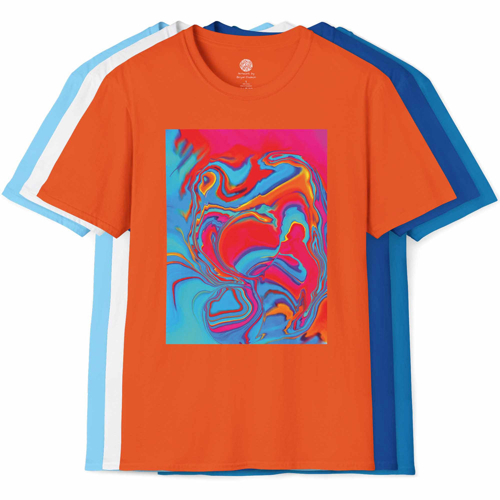 All of the colors of the Softstyle T-Shirt Improvisational Abstract with orange in front.