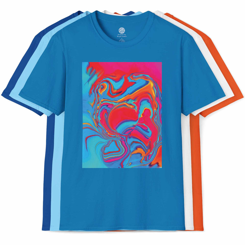 All of the colors of the Softstyle T-Shirt Improvisational Abstract with sapphire in front.