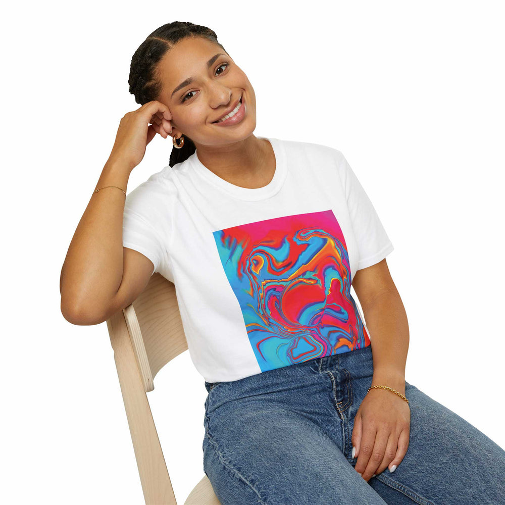 Woman wearing crisp white version of the Softstyle T-Shirt with Improvisational Abstract print by Bryan Dodson.