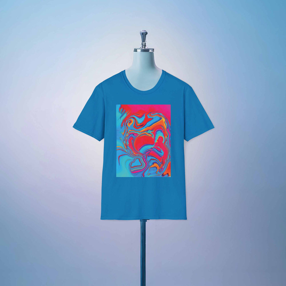 Sapphire version of the Softstyle T-Shirt with Improvisational Abstract print by Bryan Dodson on a mannequin stand with a soft blue background.