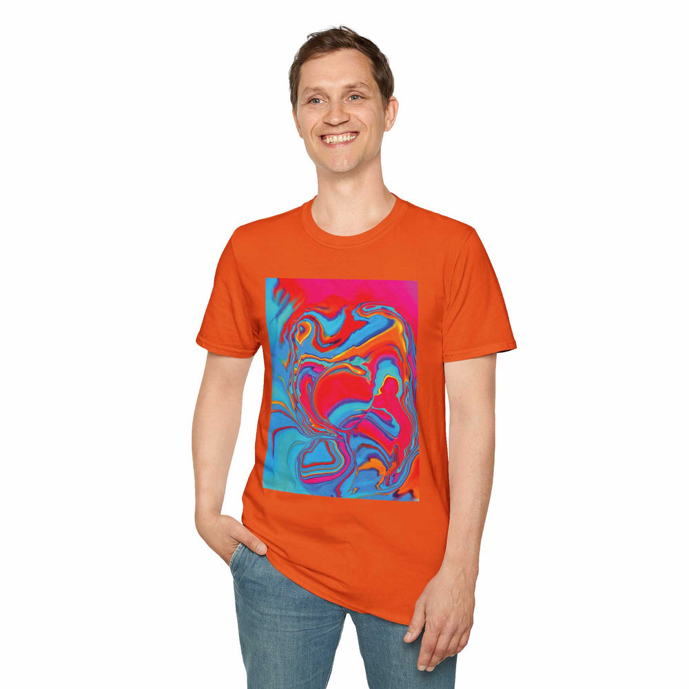 Man standing and wearing orange version of the Softstyle T-Shirt with Improvisational Abstract print by Bryan Dodson.