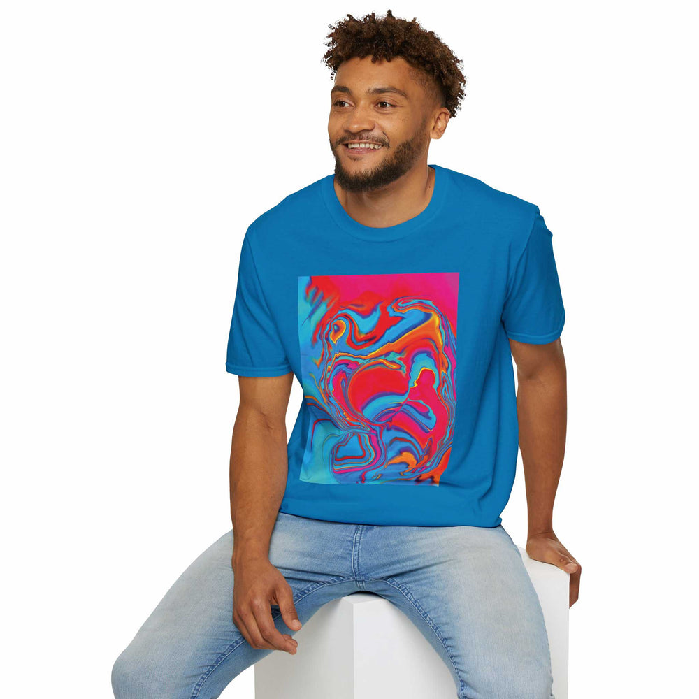 Man wearing sapphire version of the Softstyle T-Shirt with Improvisational Abstract print by Bryan Dodson.