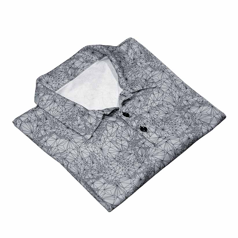 Short-sleeve polo  golf shirt with black geometric pattern folded on a white 