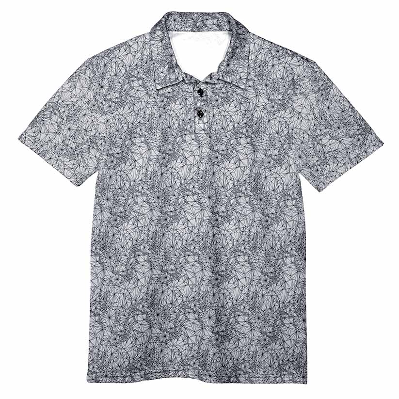 Short-sleeve polo  golf shirt with black geometric pattern on a white background