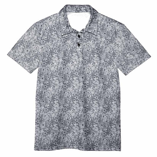 Short-sleeve polo  golf shirt with black geometric pattern on a white background
